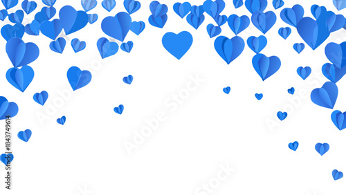 Falling blue paper hearts on black background