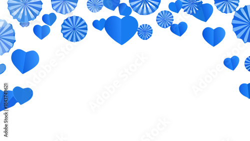 Blue hearts and paper fans decoration on black background
