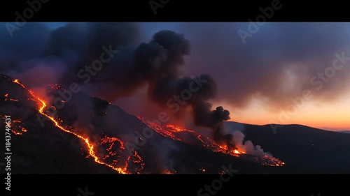 A blazing forest fire climbs a mountainside at dusk, smoke spiraling, trees glowing orange in heat