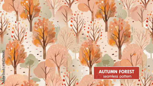 Whimsical autumn forest seamless pattern with falling leaves