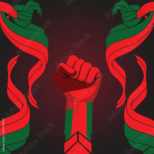 Raised Fist and Red Green Ribbons - Vector Illustration of Power, Freedom, Social Justice, and Protest