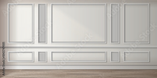 Wall panel frame classic interior with white vintage room molding - empty rectangular borders on beige surface above wood floor. Elegant architectural background for gallery or museum exhibition space