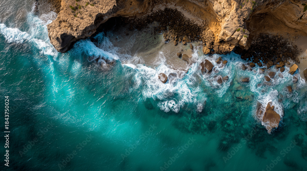 Obraz premium Dramatic Aerial Coastal Landscape: Rugged Ocean Cliffs and Waves from Above
