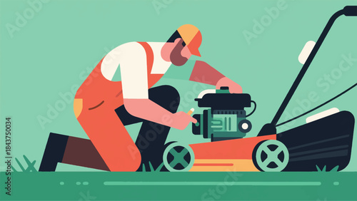 Illustration Of Person Inspecting The Engine Of A Lawnmower, Troubleshooting A Mechanical Issue Vector Design Template