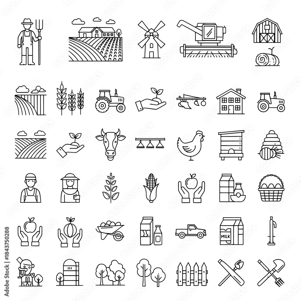 Fototapeta premium Comprehensive Set of Agriculture and Farming Line Icons for Rural Life and Harvest Concepts