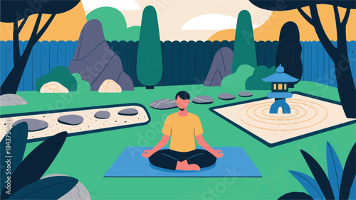 Illustration Of Person Meditating Peacefully On A Yoga Mat In A Serene Backyard Vector Design Template
