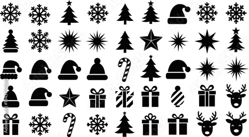 Editable Vector Silhouette Set – Christmas Icons Collection: Trees, Snowflakes, Santa Hats, Stars, Gifts, Candy Canes