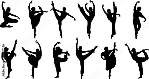 A Set of vector silhouettes of dancing choreographies physical exercises gymnastics
