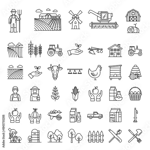 Comprehensive Set of Agriculture and Farming Line Icons for Rural Life and Harvest Concepts
