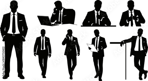 A big collection of Silhouette Set – Businessmen and Executives in Multiple Poses: Standing, Sitting, Walking, and Workplace Actions"