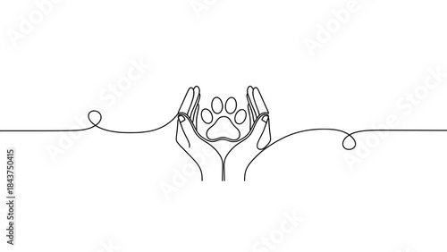Animal Care and Pet Love Concept with Hands Holding a Paw Print in Continuous Line Style