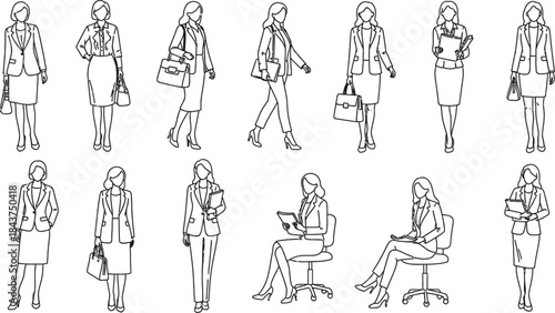 Professional business people outline in various professional poses and outfits, showcasing business fashion.