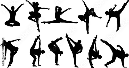 A Set of vector silhouettes of dancing choreographies physical exercises gymnastics