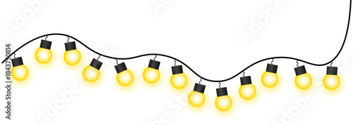 Yellow String Light Decoration Design. Realistic glowing hanging bulb garland illustration with warm yellow lights,