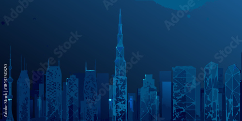 A striking blue geometric depiction of the dubai skyline at night