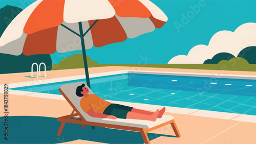 Illustration Of Person Napping On A Chaise Lounge By A Swimming Pool, Shaded By A Large Umbrella Vector Design Template