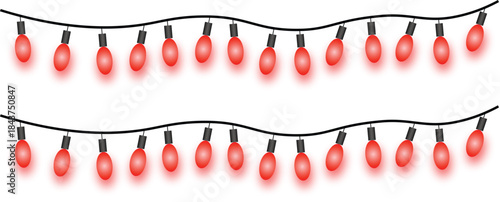 Red String Light Decoration Design. Realistic glowing red lights bulb illustration curved hanging wire, festive light vector