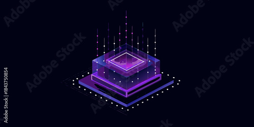 Abstract isometric design featuring glowing purple and white digital structures