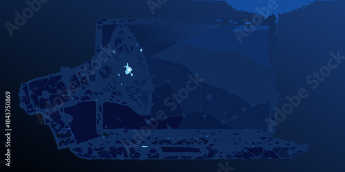 Abstract blue laptop illustration with glowing screen and polygonal design elements