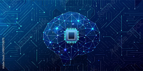 Artificial intelligence concept with a glowing brain and digital network background