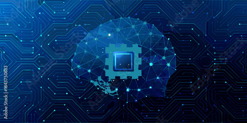 A polygonal human head outline with a chip integrated into the brain