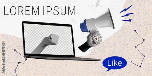 A hand holding a megaphone emerging from a laptop screen with a speech bubble