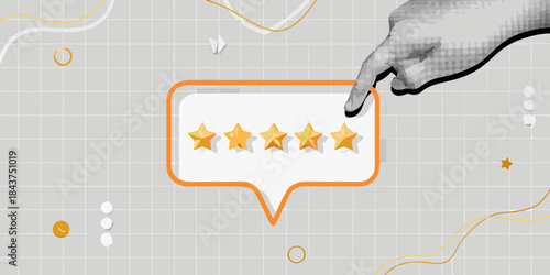 Hand pointing towards a five star rating speech bubble on a gray background
