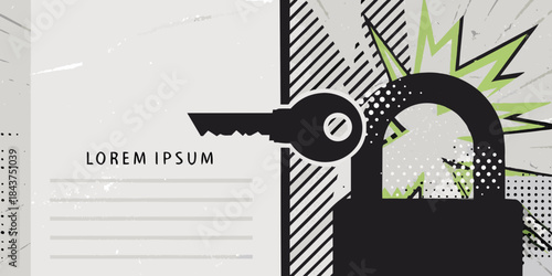 A stylized illustration of a key entering a black padlock with comic book effects