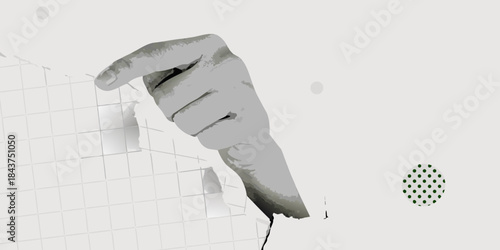 A hand appears to break through a gray and white grid backdrop
