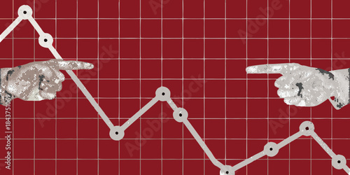 Hands pointing at a declining graph with gridlines on a red background