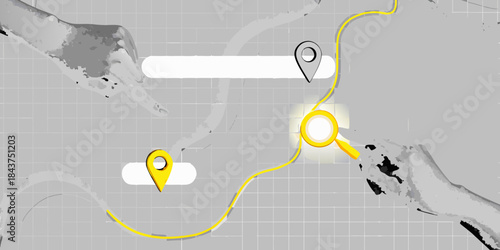 A map displaying a route with highlighted locations and a glowing point