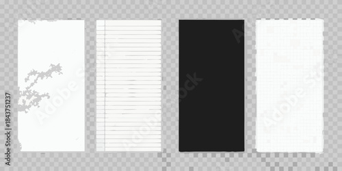 Four rectangular paper sheets with varied textures and colors isolated on transparent background