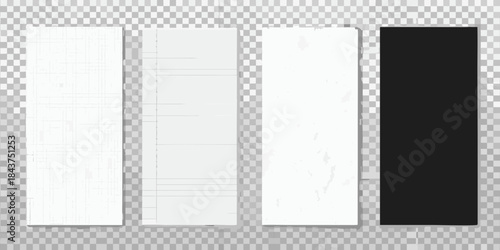 Four rectangular paper sheets with varying textures and a black rectangle