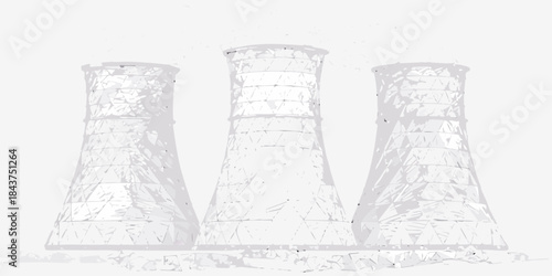 Three industrial cooling towers sketched in monochrome against a blurred base