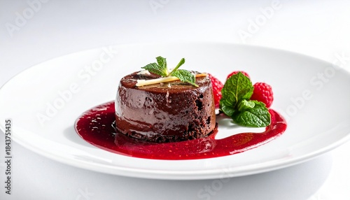 Fine Dining Dessert Plate with Chocolate Mousse and Raspberry Coulis