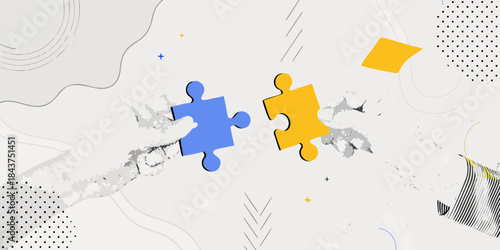 Abstract illustration featuring interlocking puzzle pieces on a patterned background