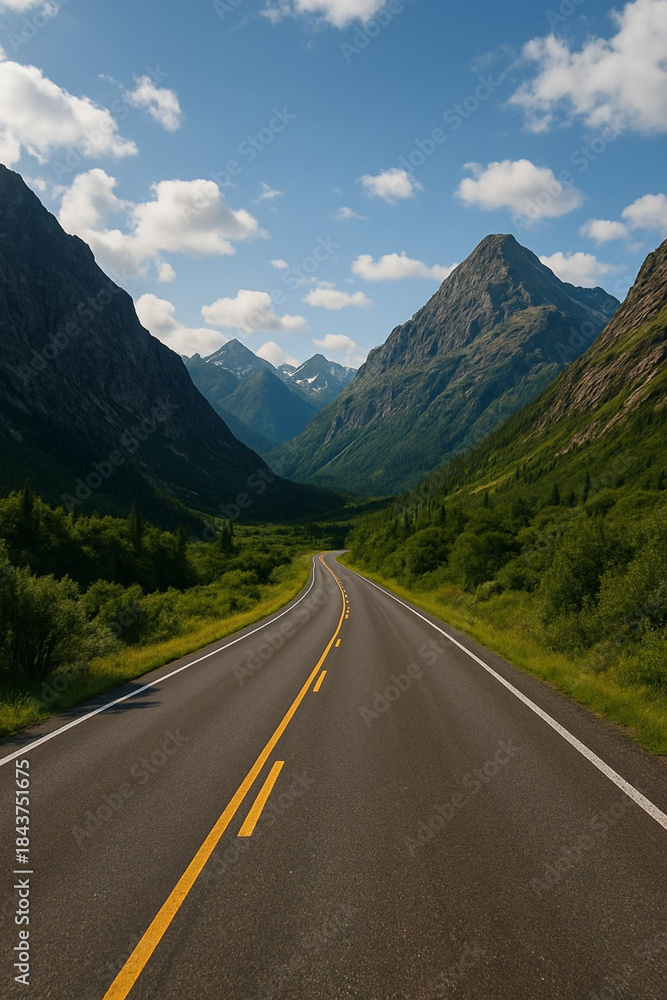 Fototapeta premium Scenic mountain valley highway with green trees and blue sky