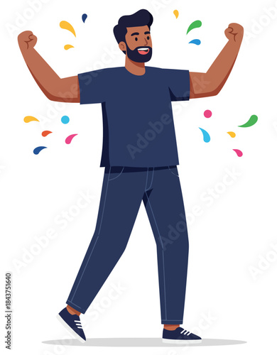 Happy Man Celebrating Success with Colorful Confetti Bursting Around Him Vector Illustration startup