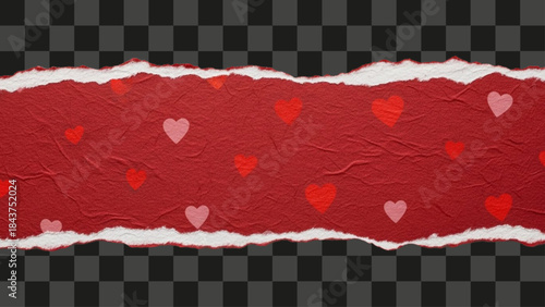 Red crumpled paper banner with torn edges, scattered heart pattern, decorative border element for Valentine's Day