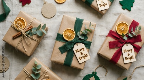 Natural Christmas Gift Flat Lay with Brown Paper and Red Ribbon Details