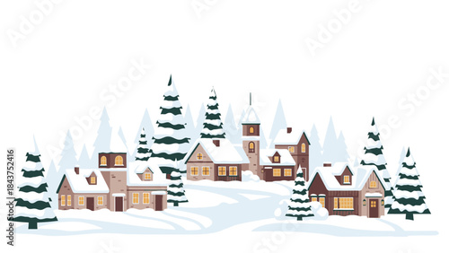 A serene Christmas village nestled among snow-covered pine trees with warmly lit houses in a peaceful winter landscape.
