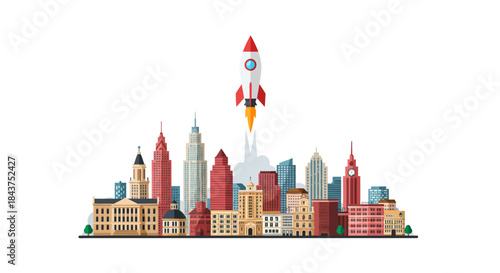 Startup Rocket Launching Over Modern Cityscape Skyline Business Growth and Innovation Concept startup