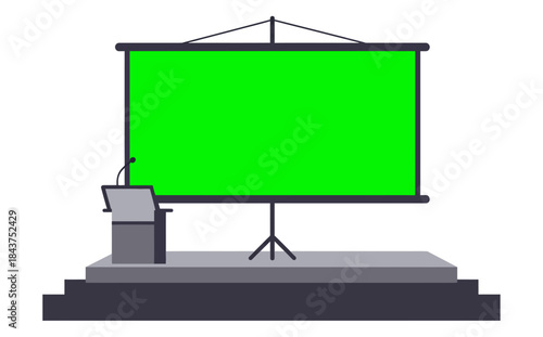 Presentation Stage with Green Screen Projector Podium Laptop and Microphone for Corporate Event or Seminar startup