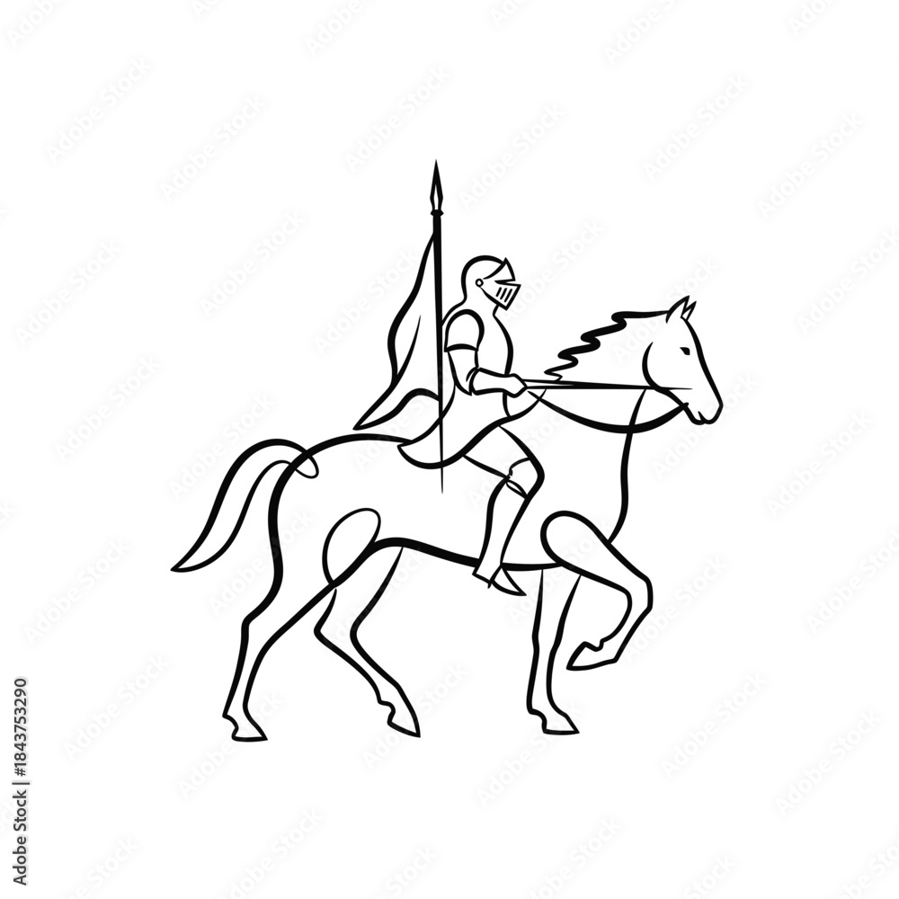 Fototapeta premium Knight on horseback with spear and flag black and white line art illustration.