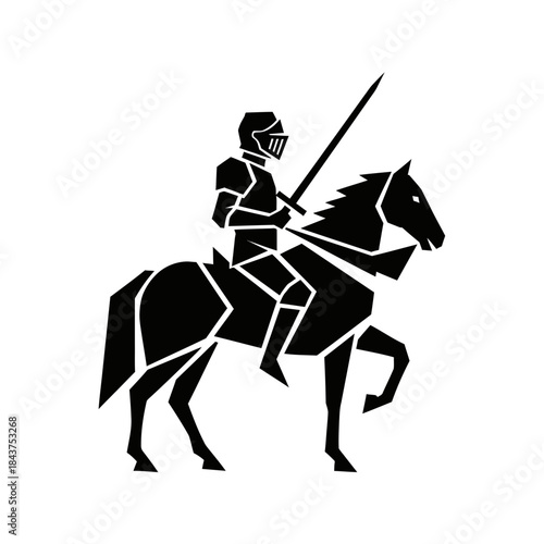 Geometric silhouette of a knight on horseback with a sword.