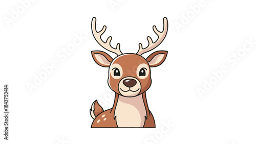 A cheerful cartoon deer with antlers peeking out, set against a clean white background with a playful and festive mood for Christmas.
