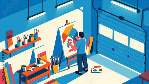 Illustration Of Person Painting A Canvas In A Well-Lit Garage Studio Vector Design Template