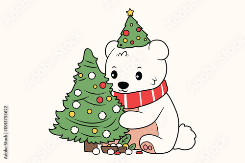 Cute polar bear wearing a christmas tree hat and scarf sitting next to a small tree