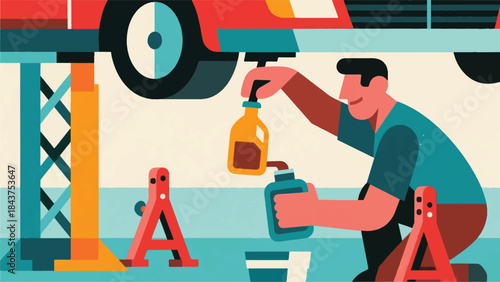 Illustration Of Person Performing An Oil Change On A Car, With The Car Raised On Jacks Vector Design Template