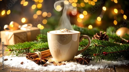 Wallpaper Mural Steaming Coffee Cup on Festive Table with Holiday Decorations and Blurred Lights Torontodigital.ca